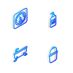 Set Isometric line Cream or lotion cosmetic tube, Sauna thermometer, Bathtub and bucket icon. Vector.