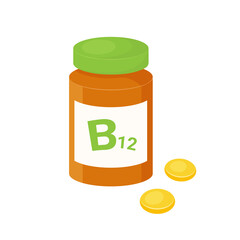 Vitamin b12 pills in jar and golden capsules, isolated on white background. Supplements for vegan frendly, anemia. Cartoon flat design. Vector illustration.