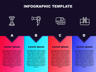Set line Sauna hourglass, Hair dryer, Towel stack and Swimming pool with ladder. Business infographic template. Vector.