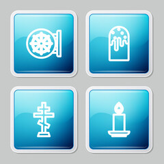 Set line Dharma wheel, Easter cake, Christian cross and Burning candle icon. Vector.