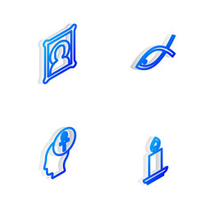 Set Isometric line Christian fish, icon, Cross ankh and Burning candle icon. Vector.