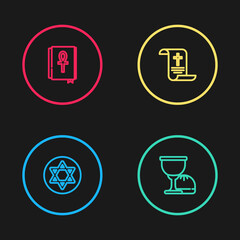 Set line Star of David, Holy grail or chalice, Decree, paper, parchment, scroll and Cross ankh book icon. Vector.