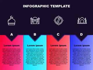 Set line Muslim Mosque, , Yin Yang and Hindu spiritual temple. Business infographic template. Vector.