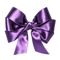 Shiny satin ribbon bow in lavender color isolated on white background close up