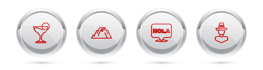 Set line Margarita cocktail, Volcano eruption with lava, Hola and Mexican man sombrero. Silver circle button. Vector. © vector_v