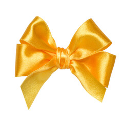 Shiny satin ribbon bow in yellow color isolated on white background close up