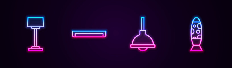Set line Floor lamp, Fluorescent, Lamp hanging and . Glowing neon icon. Vector.