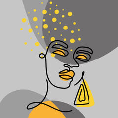 The face of a girl with an earring drawn in one line. Graphic abstract image. Contemporary art for prints and banners.