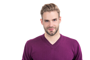 Fototapeta premium Hes handsome and he knows it. Handsome man isolated on white. Mens grooming. Trendy barbershop