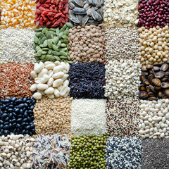 Variety kinds of natural cereal and grain seeds in chessboard pattern, for healthy or clean food ingredient or agricultural product concept