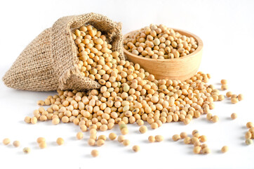 Dry organic soybean seed pile in sack bag and wooden bowl on white background