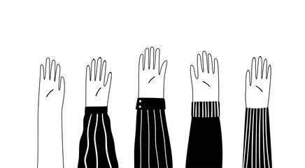 Obraz premium Raised hands vector line illustration isolated on white background.