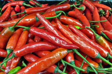 Stacks of red chilies are on display for sale