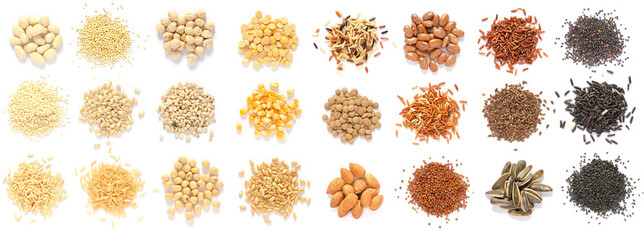 Collection of white, light, and dark brown cereal and grain seed pile on white background, for...