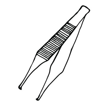 Drawing anatomical tweezers, a female tool for plucking eyebrows, medical equipment. Drawn by a black pen on a white isolated background, vector stock image. For medical textbooks, brochures, packages