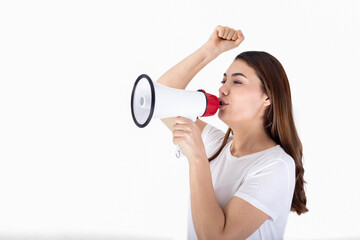 young woman shouting with megaphone with white background