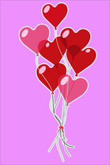 Pink and red heart shaped balloons.  Seven beautiful balloons put together. Balloons drawn in sticker style.
