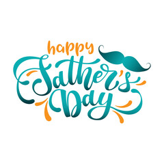 Happy fathers day hand drawing lettering with mustache and hat, blue background