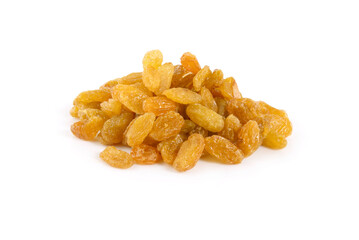 Dried raisins yellow raisins on a white background.