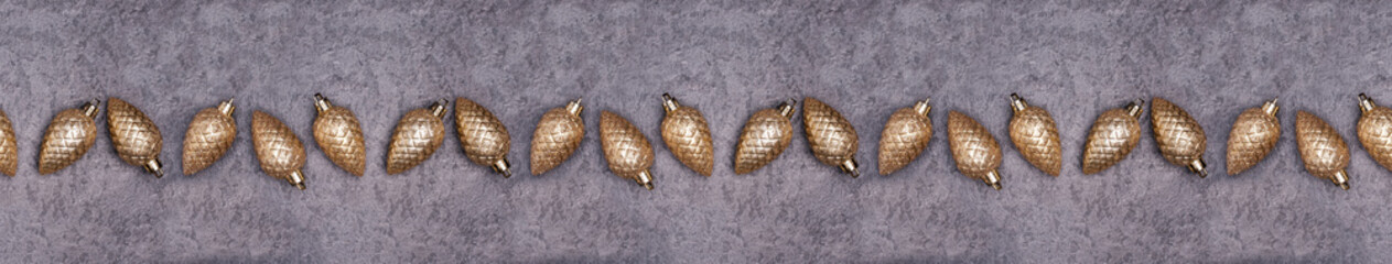 Christmas border. Noel festive background. New year symbol. Cone.