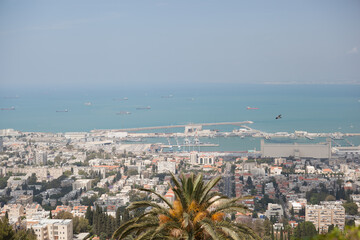 Haifa, Israel, 05,06,2017 Mountain view of the city and the sea coast on a bright sunny day