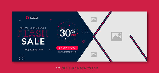 Flash sale facebook cover page timeline web ad banner template with photo place modern layout dark blue background and vivid pink shape and text design - obrazy, fototapety, plakaty
