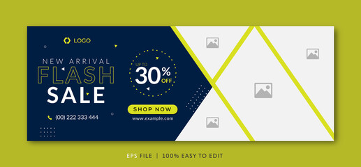 Flash sale facebook cover page timeline web ad banner template with photo place modern layout dark blue background and green shape and text design - obrazy, fototapety, plakaty
