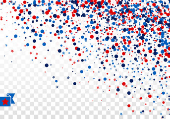 Festive design background concept with scatter circles, stars in traditional American colors - red, white, blue. Isolated confetti dust.