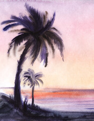 Watercolor tropical landscape of sunset beach. Dark blurry silhouette of big hairy palm with wide thick leaves against tender lilac and pink sky and sea surface reflecting orange shine of setting sun
