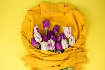 Tulips are lying on a yellow sweater. Spring. March 8.