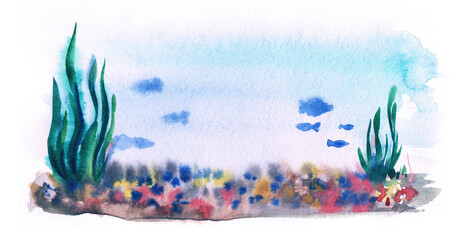 Watercolor landscape inside aquarium. Thick green algae, colorful rocky bottom, blurry silhouettes of fish swimming around in pure blue water. Hand drawn illustration of underwater life - 416969034