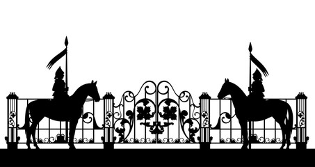 medieval knights watching the closed gate and fence - black and white vector silhouette design of fairy tale horse guards