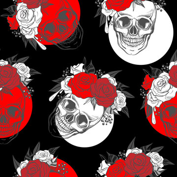Skull with flowers seamless pattern background. Vector illustration. Hand drawn skeleton with red roses.