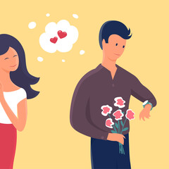 Young couple on a date. The guy stands with flowers and waits. The girl comes up playfully from behind. Vector cartoon romantic illustration