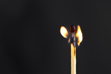 Close-up of a burning wooden match, on black background