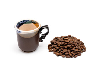 coffee cup and coffee beans on a white background