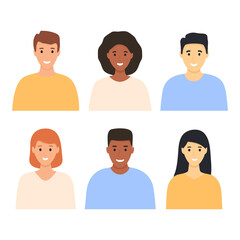 Young happy multicultural people avatar set. Diverse business men and women icon. Smiling people collection. Flat cute characters. Male and female faces group