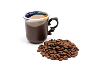 coffee cup and coffee beans on a white background