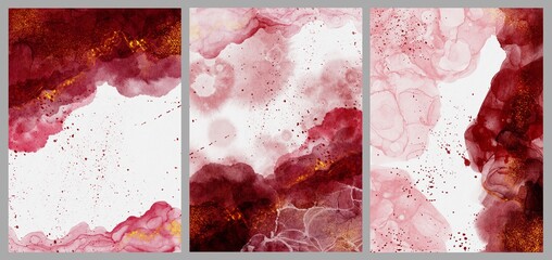 Red watercolor wet wash splash hand drawing invitation card background template collection with golden accents. Alcohol Ink Style