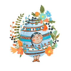 Funny Easter eggs, cute children characters. Hand-drawn vintage holidays design elements