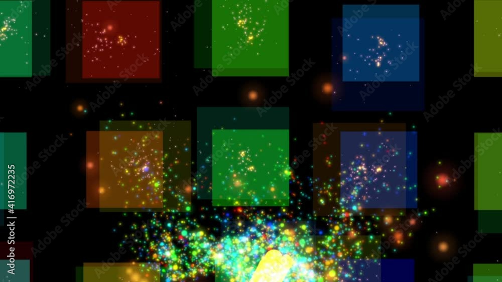 Poster abstract blinking squares emitting multicolored flying sparks of lights. isolated black background. 