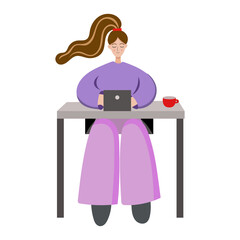 Girl working at computer. Vector illustration