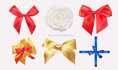 Set of decorative golden and red bows with horizontal ribbon. Realistic colored bows and ribbons shiny satin for decorate your wedding invitation card or greeting card. Vector illustration.
