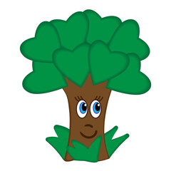 Cute cartoon tree with hearts instead of leaves. Vector postcard. The image is isolated on a transparent background.