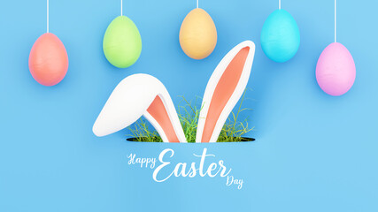 3d render of bunny ear with eggs for happy easter festival