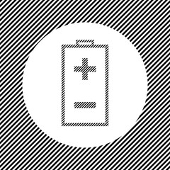 A large battery symbol in the center as a hatch of black lines on a white circle. Interlaced effect. Seamless pattern with striped black and white diagonal slanted lines