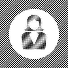 A large business woman symbol in the center as a hatch of black lines on a white circle. Interlaced effect. Seamless pattern with striped black and white diagonal slanted lines
