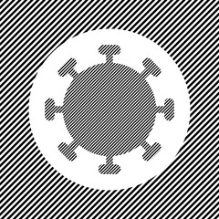 A large coronavirus symbol in the center as a hatch of black lines on a white circle. Interlaced effect. Seamless pattern with striped black and white diagonal slanted lines