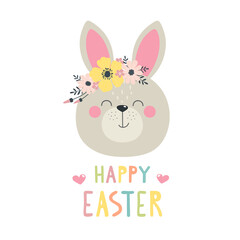 Happy and cute rabbit print with the words Happy Easter. Vector flat illustration.