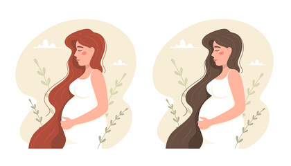 Happy pregnant woman. Redhead and brunette. Vector concept.